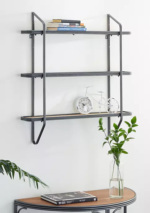 Hot Sale 🧨 32 in x 33.5 in Large Rectangular Silver Metal and Wood 3 Tier Wall Shelf by Monroe Lane ❤️ 3 Hot Sale 🧨 32 in x 33.5 in Large Rectangular Silver Metal and Wood 3 Tier Wall Shelf by Monroe Lane ❤️ - Image 3