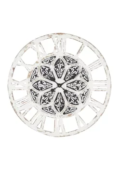 Brand new 🔥 Large Round Distressed White Wood Wall Clock With Black Patterned Center Detail, 28 in x 28 in by Monroe Lane 👍 -Monroe Lane Sales Belk 20402