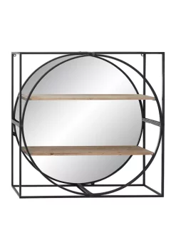 Wholesale 👍 31 Inch Large Round Industrial Metal Wall Mirror with Wood Shelves Square and Metal Frame by Monroe Lane 🔔