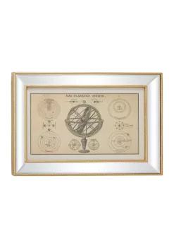 New 🔔 28.5 in x 19.5 in Large Vintage Style Planetary System Diagram and Armillary Illustration Textile in Rectangular Mirror and Gold Frame by Monroe Lane ❤️ -Monroe Lane Sales Belk 30983