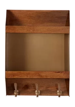 Wholesale β 16 in x 22 in Square Antique Gold Metal and Wood 2 Tier Shelf with Hooks by Monroe Lane π€©